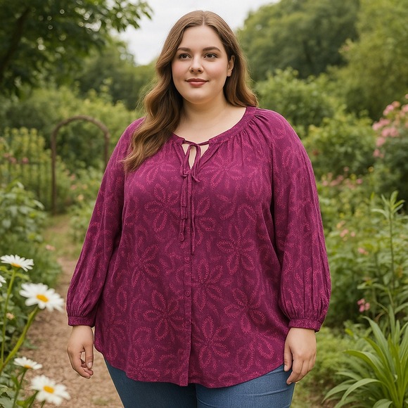 NEW Terra & Sky Women's 4X Boho Cottagecore Peasant Blouse Burgundy Paisley Top - Picture 1 of 9